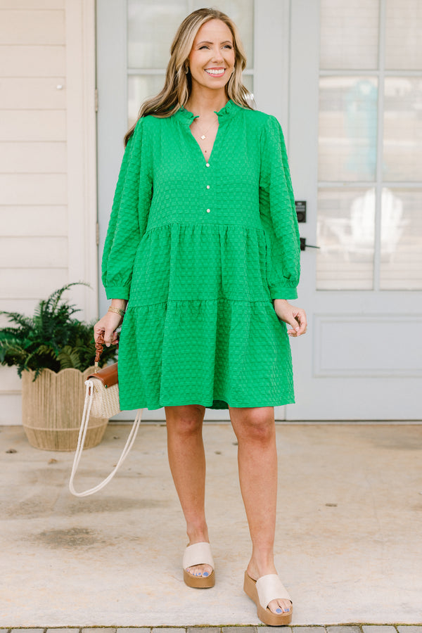 Chic Soul plus size clothing, green flowy babydoll dress with textured pattern and long bubble sleeves