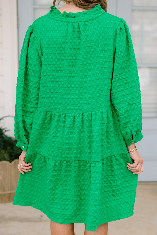 Chic Soul plus size clothing, green flowy babydoll dress with textured pattern and long bubble sleeves