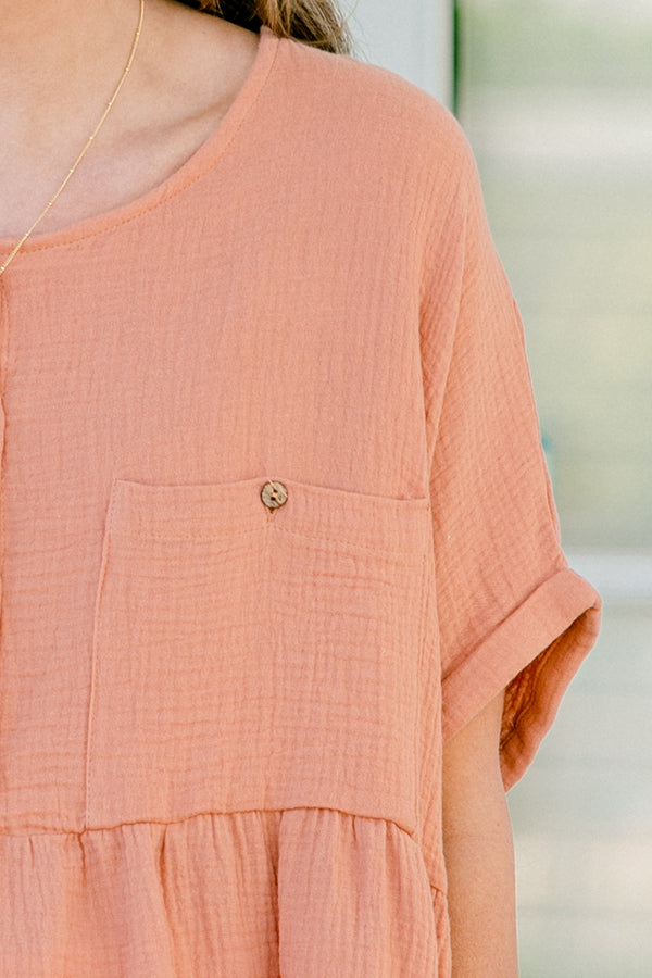 Chic Soul plus size clothing, short-cuffed-sleeve pink orange baby doll top with a scoop-neckline and button detailing