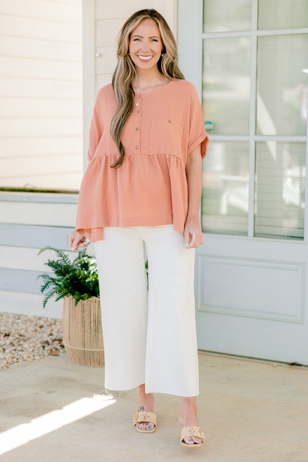 Chic Soul plus size clothing, short-cuffed-sleeve pink orange baby doll top with a scoop-neckline and button detailing