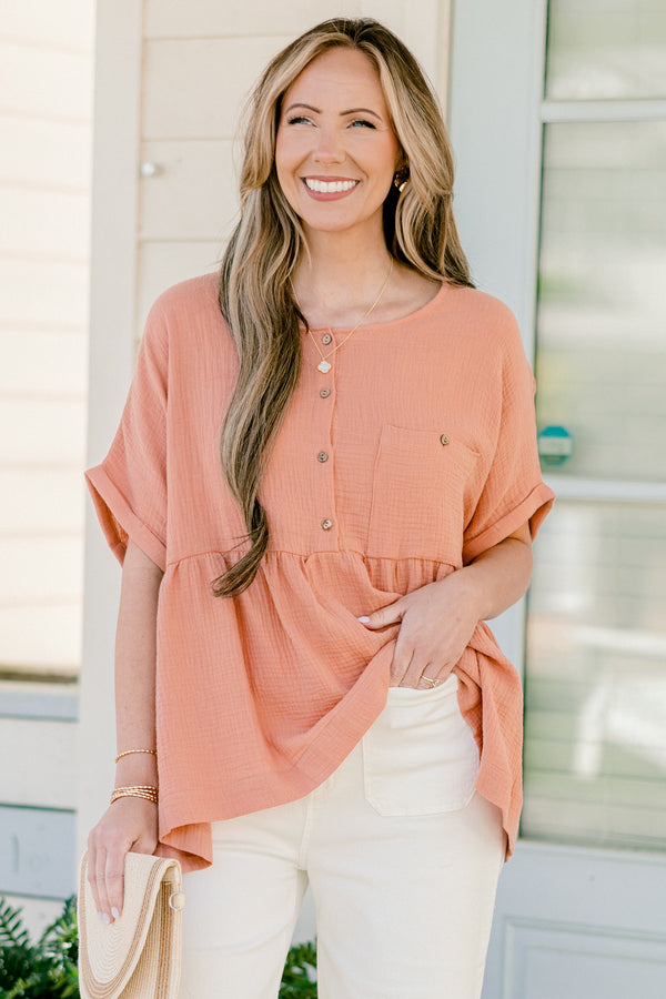 Chic Soul plus size clothing, short-cuffed-sleeve pink orange baby doll top with a scoop-neckline and button detailing