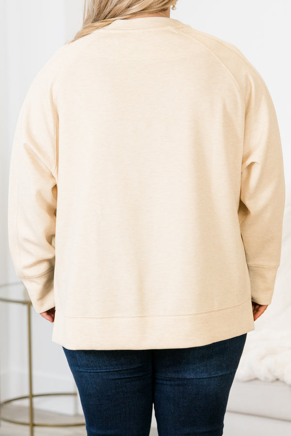 Chic Soul plus size clothing, heather beige long sleeve sweatshirt/pullover with round neckline with cuff sleeves with band along the bottom with slits on each side