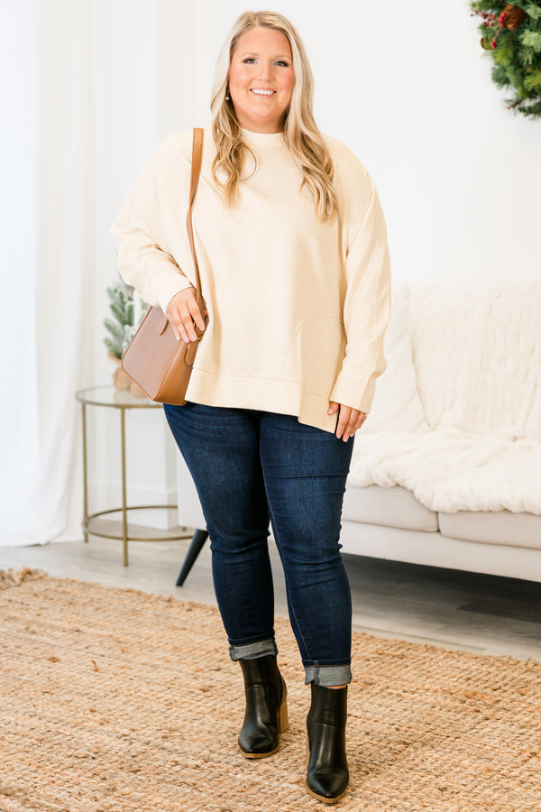 Chic Soul plus size clothing, heather beige long sleeve sweatshirt/pullover with round neckline with cuff sleeves with band along the bottom with slits on each side