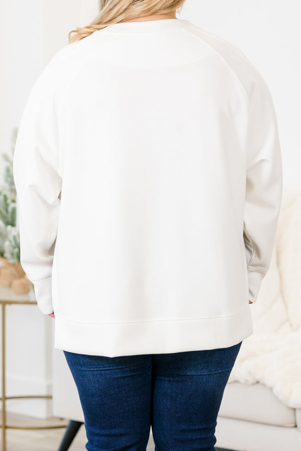 Chic Soul plus size clothing, ivory long sleeve sweatshirt/pullover with round neckline with cuff sleeves with band along the bottom with slits on each side