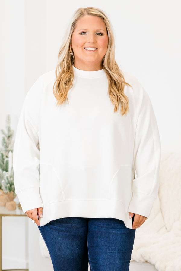 Chic Soul plus size clothing, ivory long sleeve sweatshirt/pullover with round neckline with cuff sleeves with band along the bottom with slits on each side