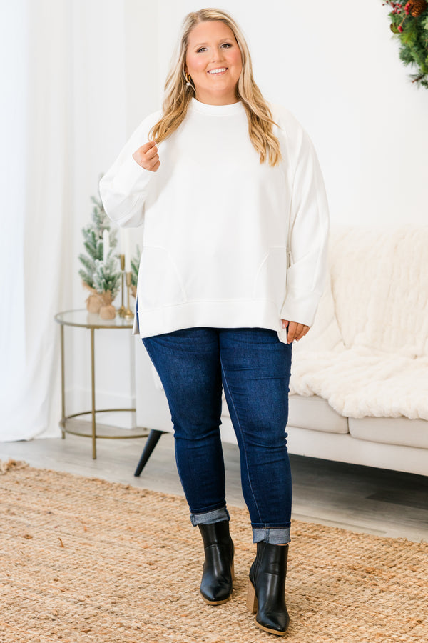 Chic Soul plus size clothing, ivory long sleeve sweatshirt/pullover with round neckline with cuff sleeves with band along the bottom with slits on each side