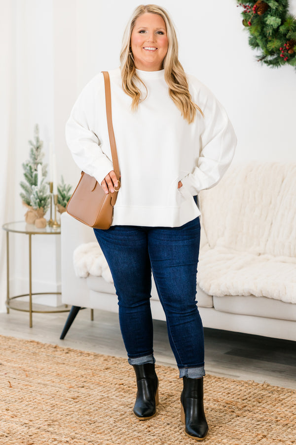 Chic Soul plus size clothing, ivory long sleeve sweatshirt/pullover with round neckline with cuff sleeves with band along the bottom with slits on each side