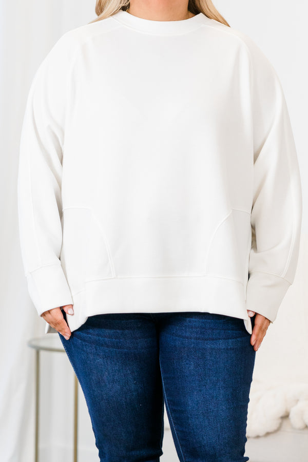 Chic Soul plus size clothing, ivory long sleeve sweatshirt/pullover with round neckline with cuff sleeves with band along the bottom with slits on each side
