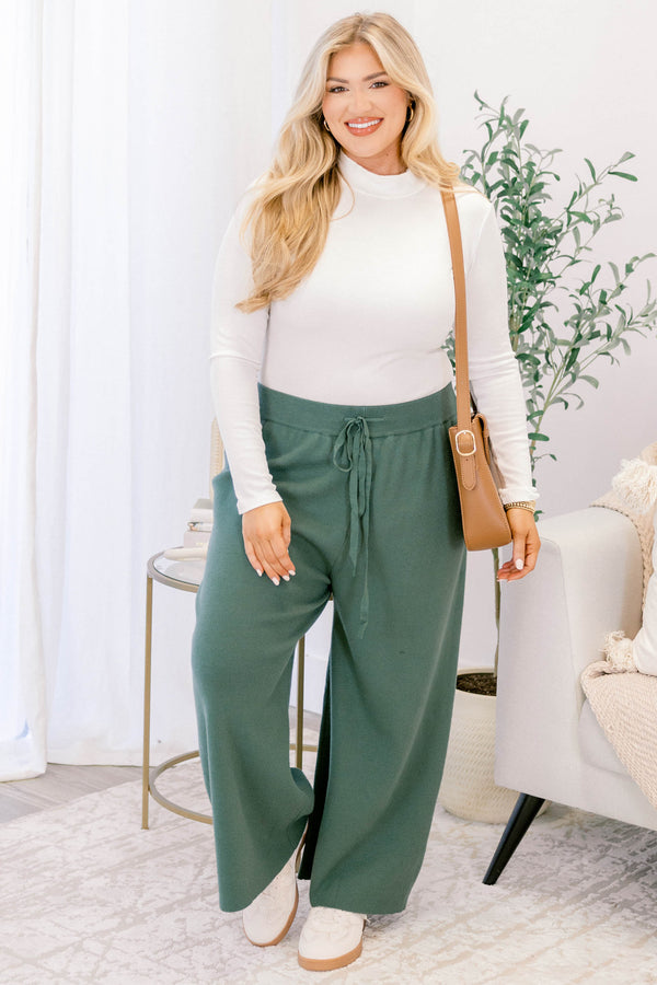 Chic Soul plus size clothing,  green knit pants with side pockets and stretchy drawstring waistband