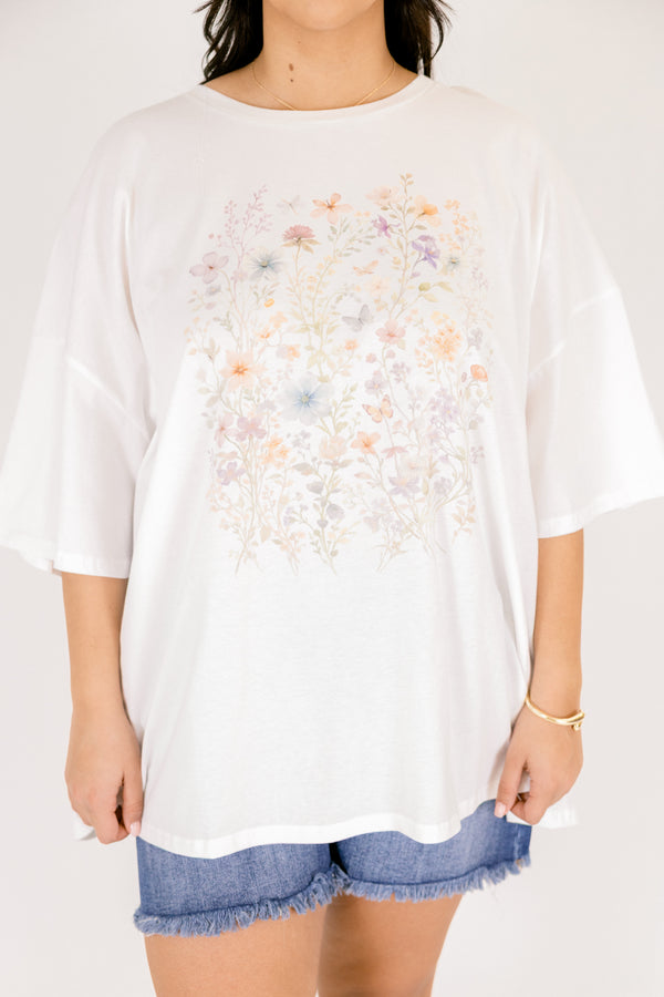Chic Soul plus size clothing, short sleeve white graphic tee with a square in the center of the tee that has floral graphics in it
