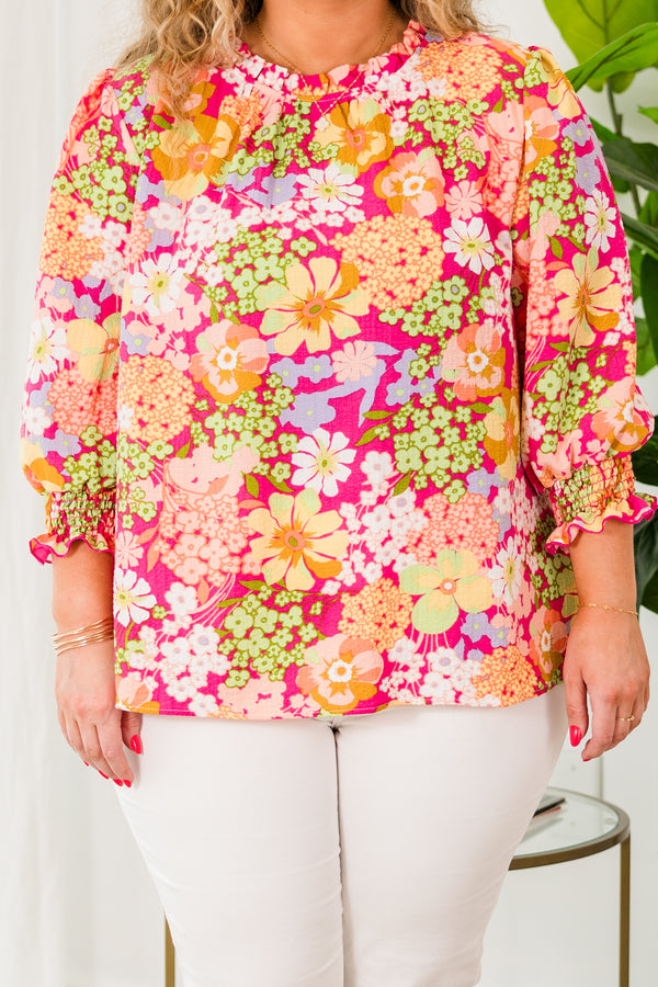 Chic Soul plus size clothing, fuchsia floral top with three quarter length sleeves with smocked cuff sleeves