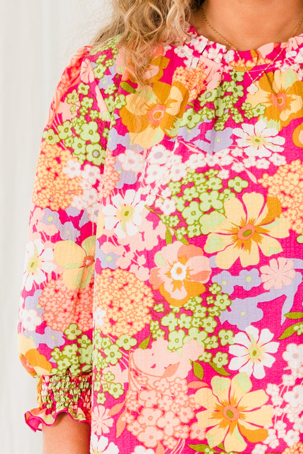 Chic Soul plus size clothing, fuchsia floral top with three quarter length sleeves with smocked cuff sleeves
