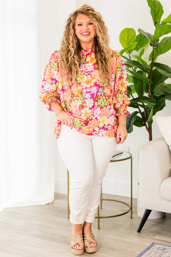 Chic Soul plus size clothing, fuchsia floral top with three quarter length sleeves with smocked cuff sleeves