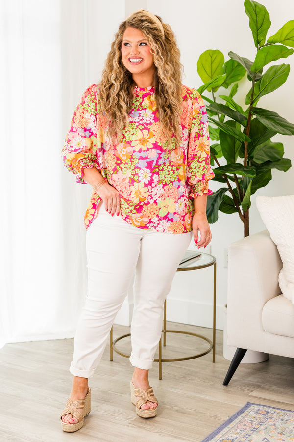 Chic Soul plus size clothing, fuchsia floral top with three quarter length sleeves with smocked cuff sleeves