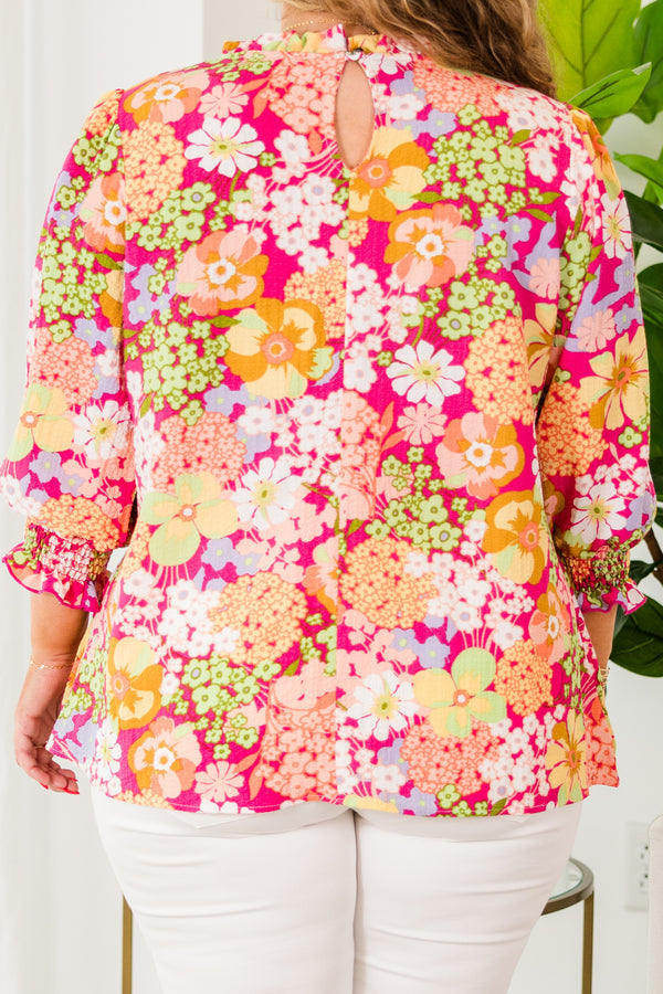 Chic Soul plus size clothing, fuchsia floral top with three quarter length sleeves with smocked cuff sleeves