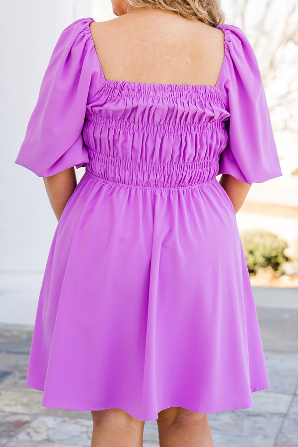 Chic Soul plus size clothing, orchid purple short sleeve dress with smocking detail