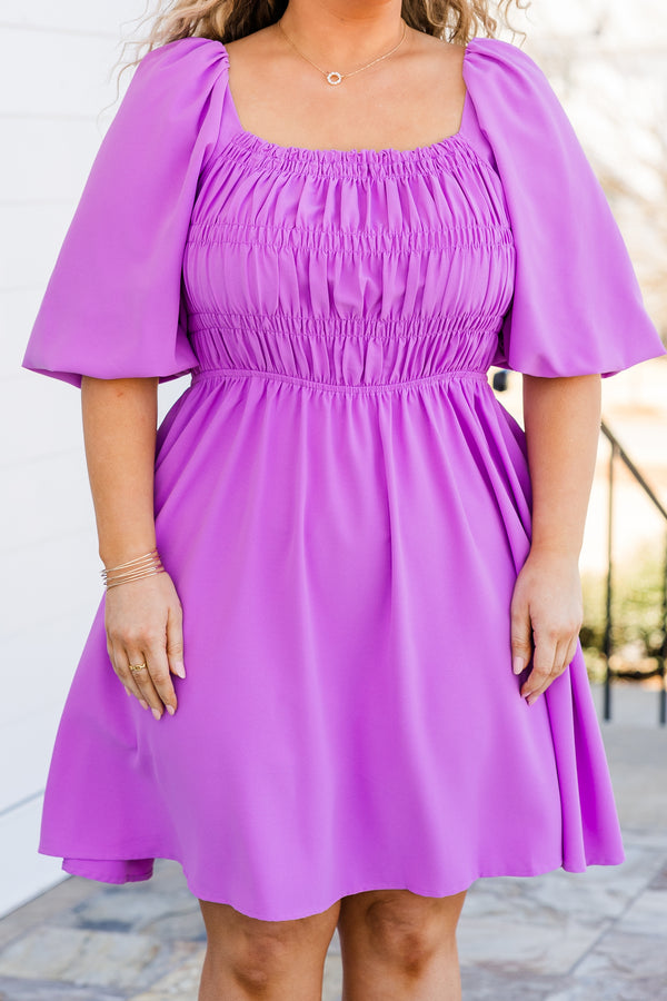 Chic Soul plus size clothing, orchid purple short sleeve dress with smocking detail