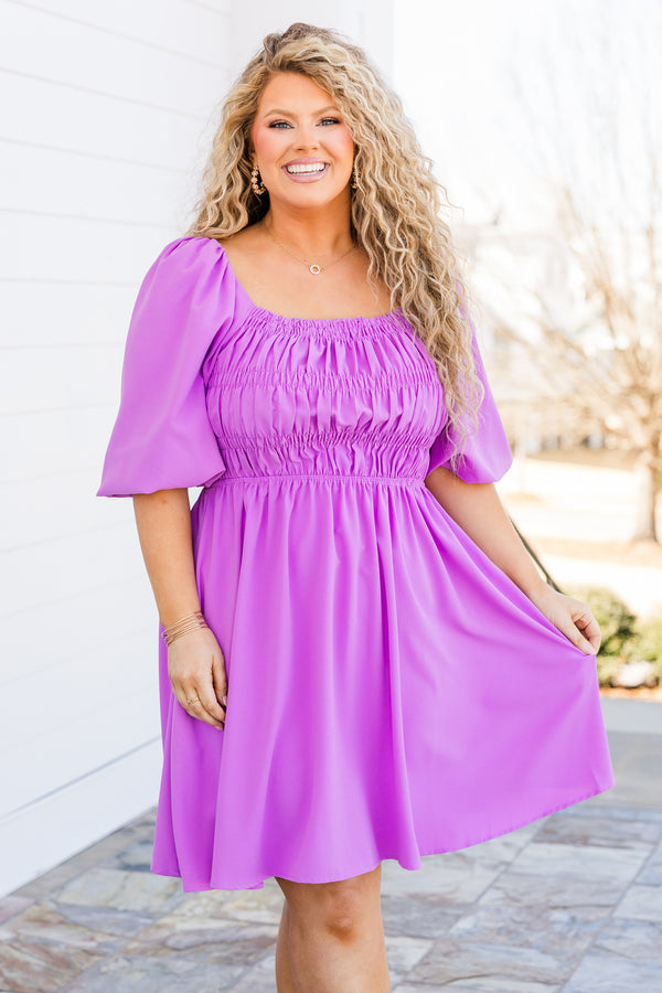 Chic Soul plus size clothing, orchid purple short sleeve dress with smocking detail