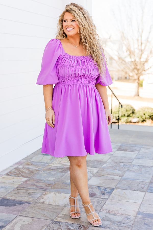 Chic Soul plus size clothing, orchid purple short sleeve dress with smocking detail