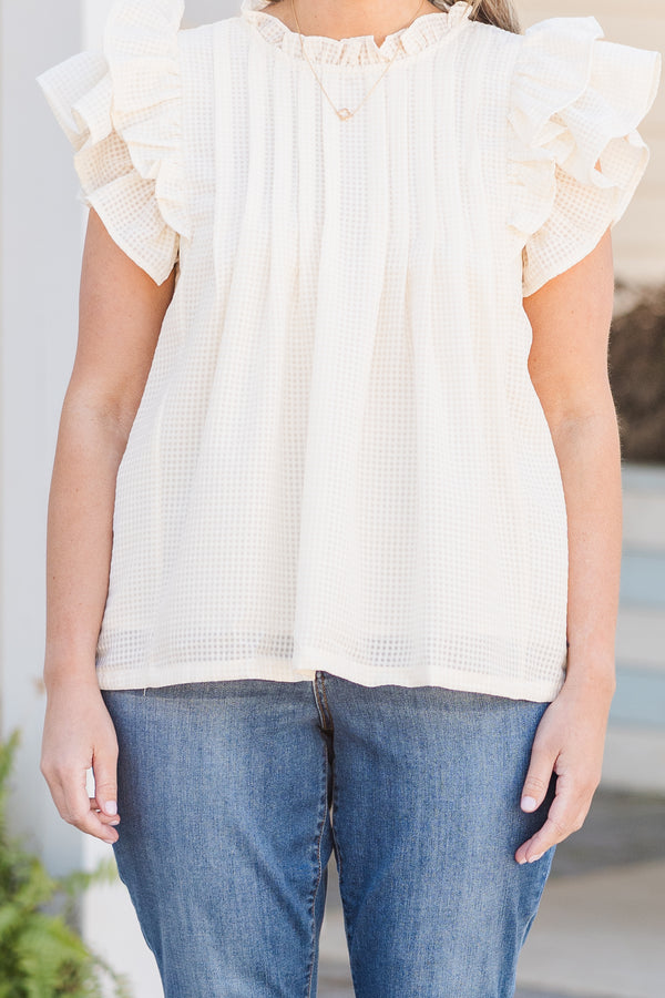 Chic Soul plus size clothing, champagne short sleeve top with ruffles and high ruffled neckline