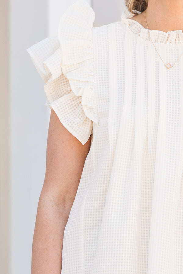 Chic Soul plus size clothing, champagne short sleeve top with ruffles and high ruffled neckline