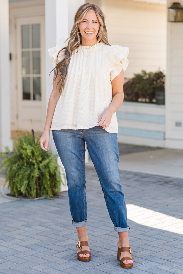 Chic Soul plus size clothing, champagne short sleeve top with ruffles and high ruffled neckline