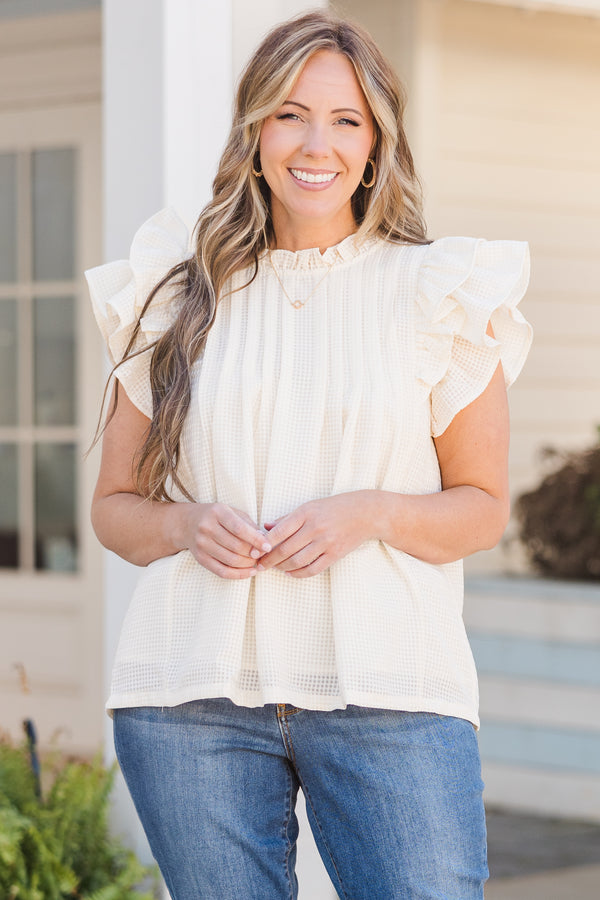 Chic Soul plus size clothing, champagne short sleeve top with ruffles and high ruffled neckline