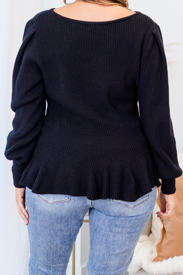 Chic Soul plus size clothing, black long sleeve ribbed knit top with round neckline and cuff sleeves with ruffle along the bottom