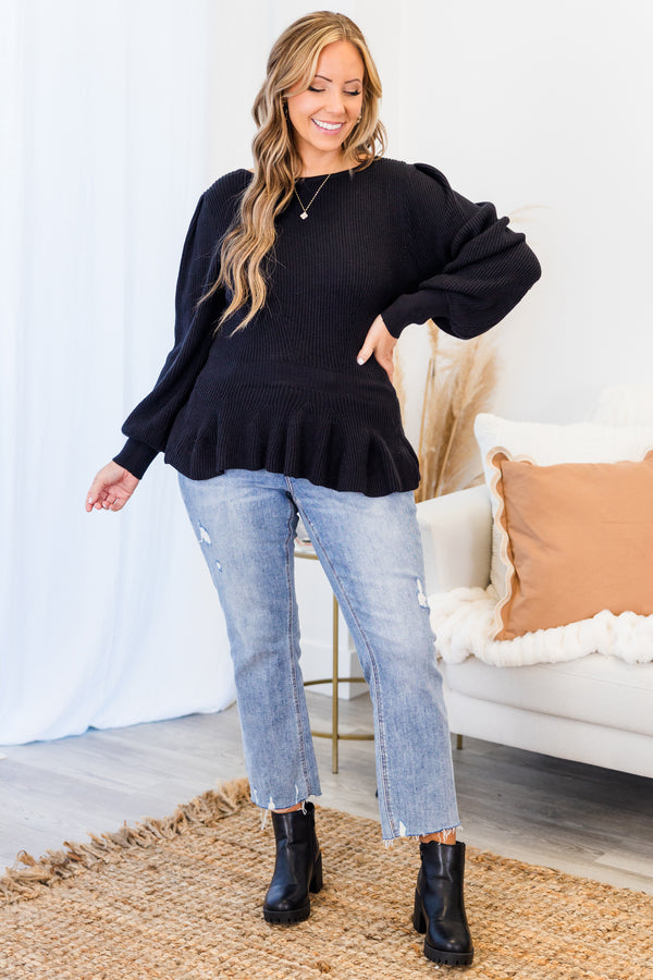 Chic Soul plus size clothing, black long sleeve ribbed knit top with round neckline and cuff sleeves with ruffle along the bottom