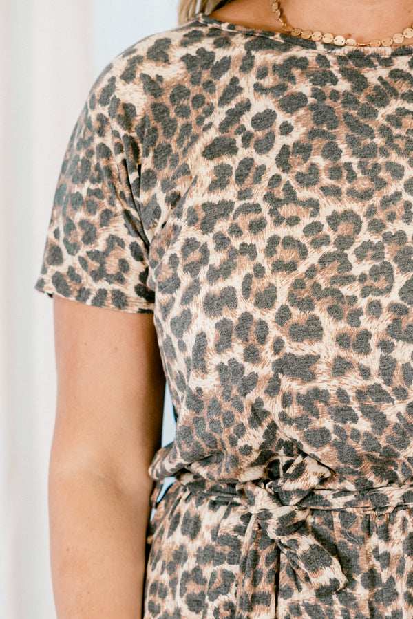 Chic Soul plus size clothing, leopard print short sleeve romper with tie around waist and keyhole on back