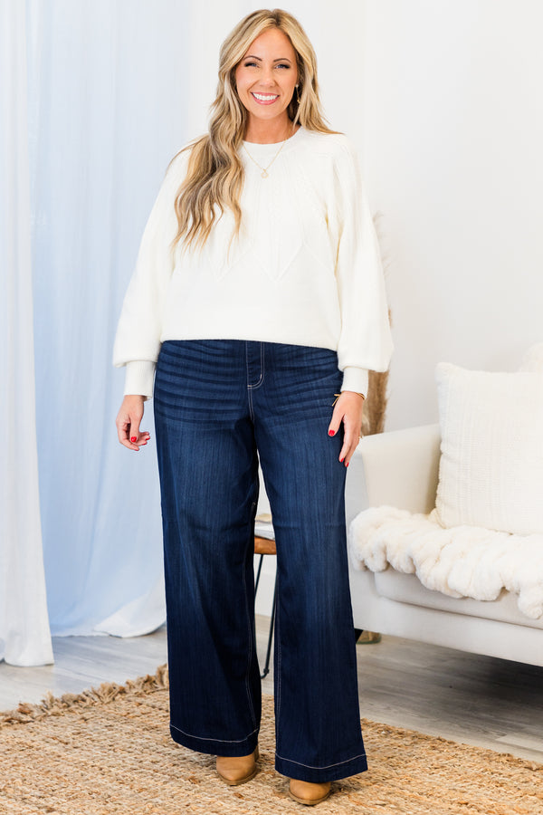 Chic Soul plus size clothing, high-waisted dark-wash wide-leg jeggings with elastic waistband and no button