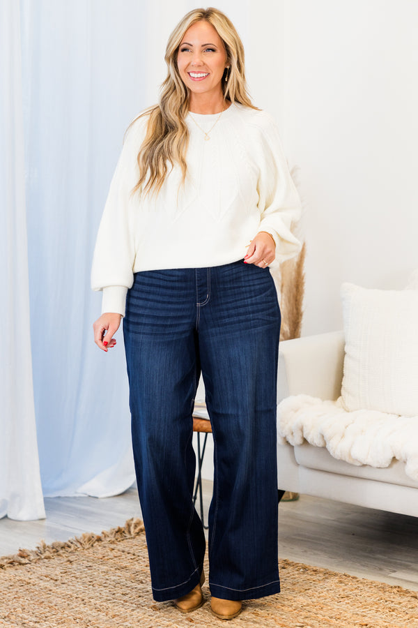 Chic Soul plus size clothing, high-waisted dark-wash wide-leg jeggings with elastic waistband and no button