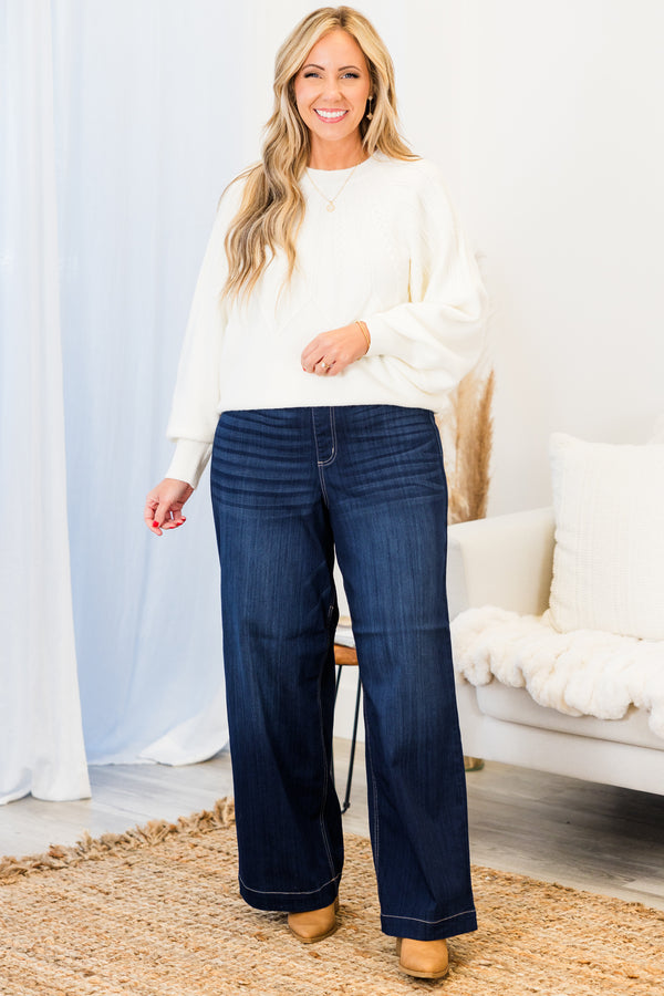 Chic Soul plus size clothing, high-waisted dark-wash wide-leg jeggings with elastic waistband and no button