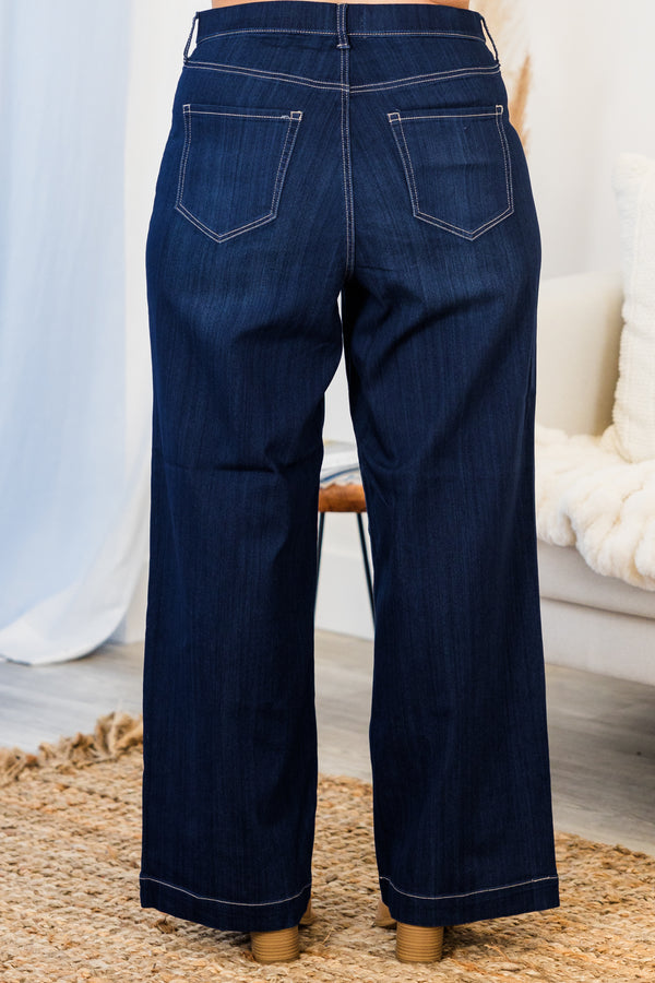 Chic Soul plus size clothing, high-waisted dark-wash wide-leg jeggings with elastic waistband and no button
