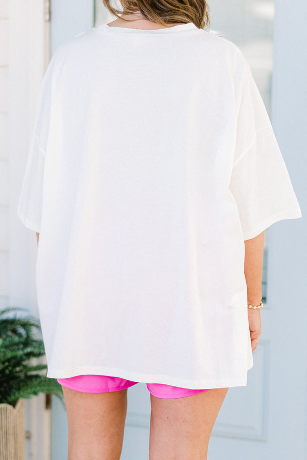 Plus Size ivory oversized boyfriend tee with colorful pastel Beach Bum graphic and crew neckline.
