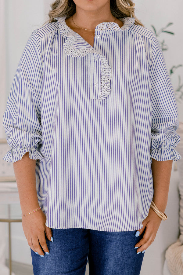 Chic Soul plus size clothing, blue and white pinstripe ruffle collar long sleeve top
