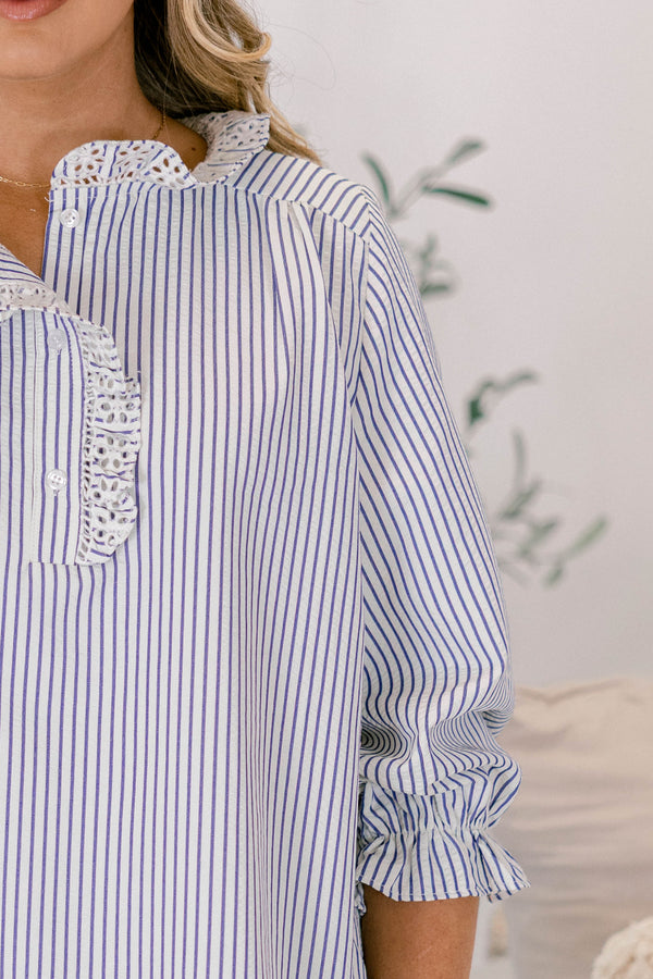 Chic Soul plus size clothing, blue and white pinstripe ruffle collar long sleeve top