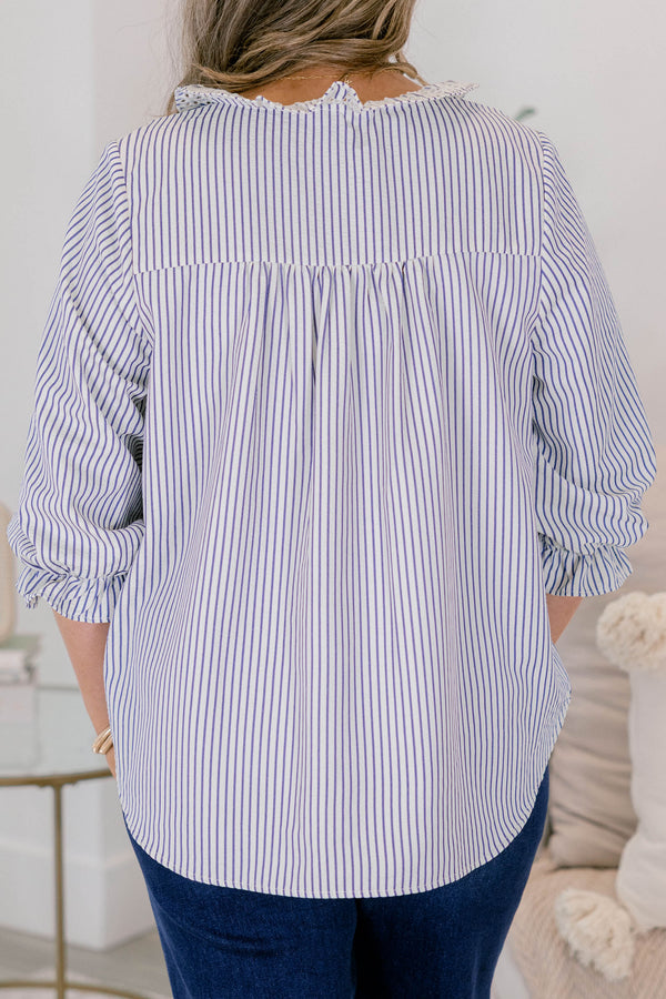 Chic Soul plus size clothing, blue and white pinstripe ruffle collar long sleeve top