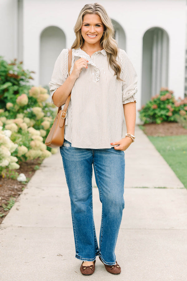 Plus Size brown and white striped top with a ruffled collar, button placket, and elbow-length sleeves.