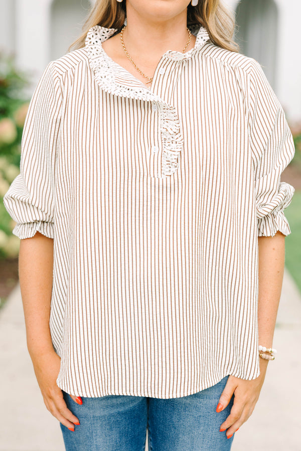 Plus Size brown and white striped top with a ruffled collar, button placket, and elbow-length sleeves.