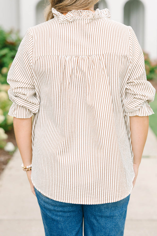 Plus Size brown and white striped top with a ruffled collar, button placket, and elbow-length sleeves.