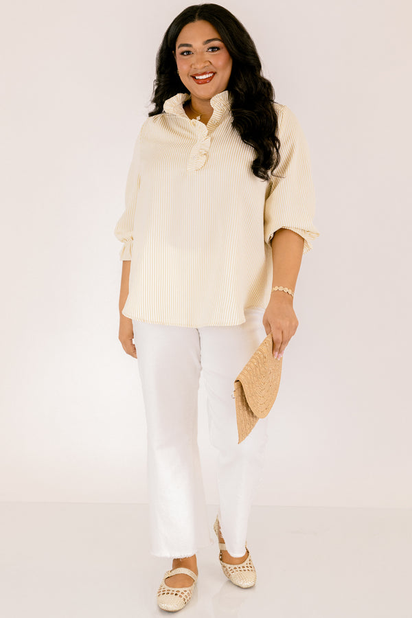 Chic Soul plus size clothing, tan striped top with half sleeves that have a ruffle on the ends of each sleeve as well as ruffle detailing along the button-up neckline