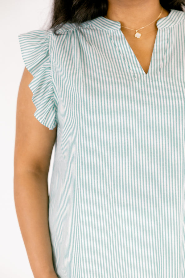 Chic Soul plus size clothing, aqua stripe top with flutter sleeves and a slight v-neckline 