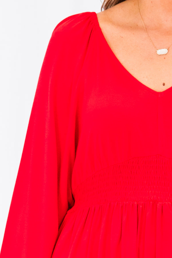 Chic Soul plus size clothing, cherry red long sleeve peplum top with smocked top with v neckline and cuff sleeves