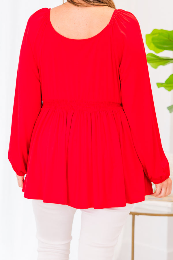 Chic Soul plus size clothing, cherry red long sleeve peplum top with smocked top with v neckline and cuff sleeves
