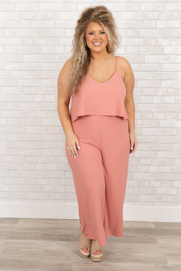 Chic Soul plus size clothing, ash rose comfy jumpsuit with spaghetti straps
