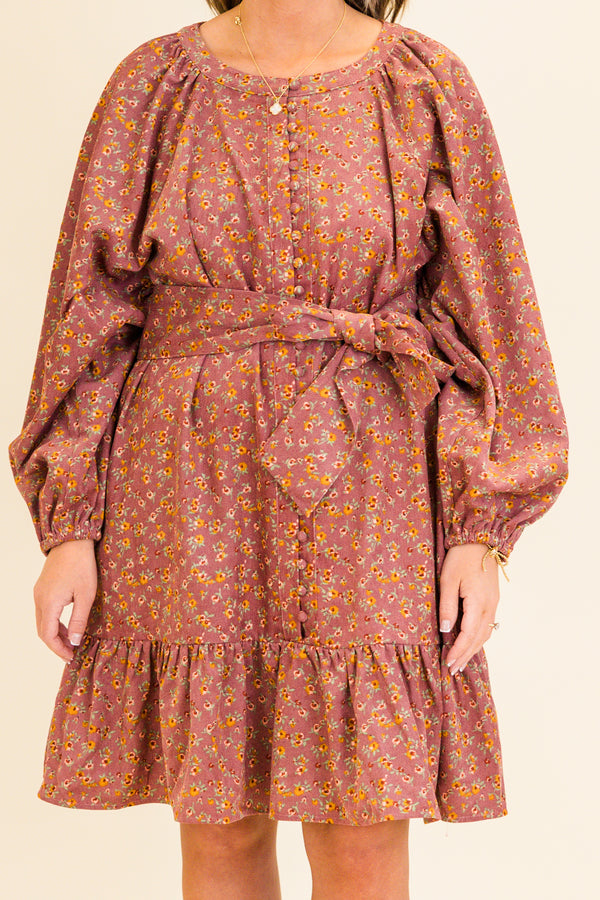 Chic Soul plus size clothing, long-balloon-sleeve mauve ruffled baby doll dress with waist tie and scoop-neckline with small button detailing along the middle and small yellow floral patter