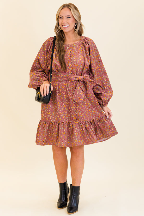 Chic Soul plus size clothing, long-balloon-sleeve mauve ruffled baby doll dress with waist tie and scoop-neckline with small button detailing along the middle and small yellow floral patter