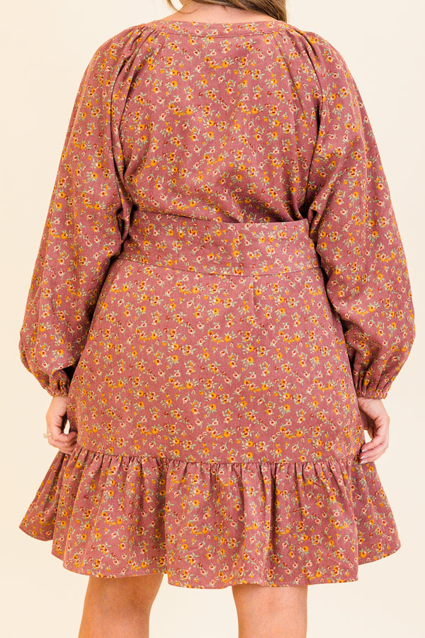 Chic Soul plus size clothing, long-balloon-sleeve mauve ruffled baby doll dress with waist tie and scoop-neckline with small button detailing along the middle and small yellow floral patter