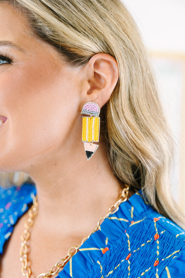 Chic Soul plus size clothing, yellow bead dangle earrings that resemble a number two pencil